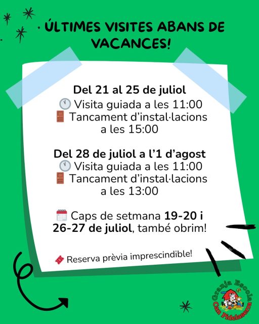 🌿 Vine a la granja🐴📸 Aprofita els últims dies abans de vacances per venir a gaudir d’un matí inoblidable a la granja! 🐔🐰Durant la visita veureu de ben a prop els animals, podreu tocar-los i conèixer com viuen, i els més petits faran una volteta en poni 🐴... una experiència que no oblidaran! 😍Hi haurà natura, diversió i moltes rialles assegurades! 🌾🎉📅 Del 21 al 25 de juliol (tancament a les 15 h)📅 Del 28 de juliol a l’1 d’agost (tancament a les 13 h)🗓️ I també obrim els caps de setmana 19-20 i 26-27 de juliol!🎟️ Reserva prèvia imprescindible!📲 Fes la teva reserva a través de la web o trucant al 666 464 123T’esperem amb els braços oberts... i els animals també! 🐷💚#GranjaEscola #EstiuEnFamília #VisitaLaGranja #DiversióAmbAnimals #ViuLaGranja