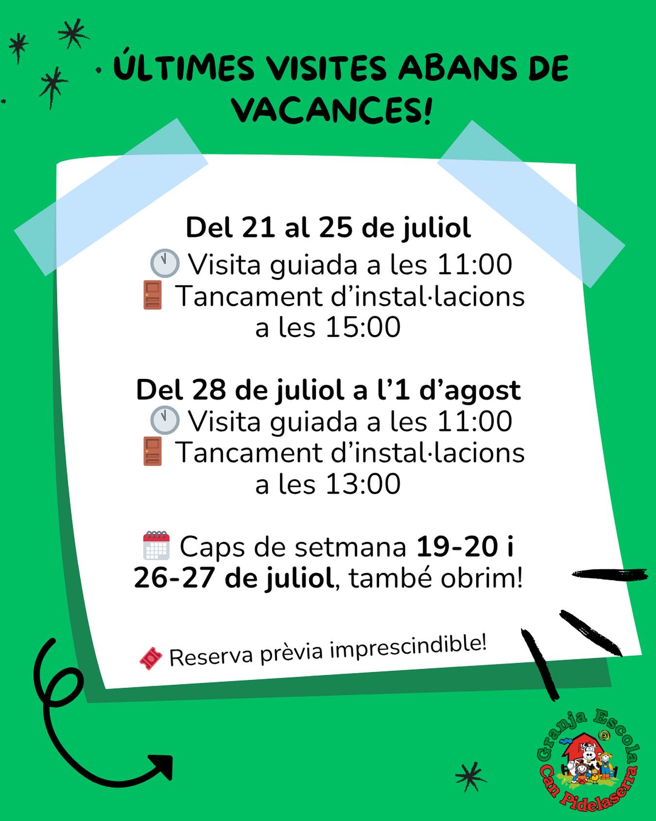 🌿 Vine a la granja🐴
📸 Aprofita els últims dies abans de vacances per venir a gaudir d’un matí inoblidable a la granja! 🐔🐰
Durant la visita veureu de ben a prop els animals, podreu tocar-los i conèixer com viuen, i els més petits faran una volteta en poni 🐴... una experiència que no oblidaran! 😍
Hi haurà natura, diversió i moltes rialles assegurades! 🌾🎉
📅 Del 21 al 25 de juliol (tancament a les 15 h)
📅 Del 28 de juliol a l’1 d’agost (tancament a les 13 h)
🗓️ I també obrim els caps de setmana 19-20 i 26-27 de juliol!
🎟️ Reserva prèvia imprescindible!
📲 Fes la teva reserva a través de la web o trucant al 666 464 123
T’esperem amb els braços oberts... i els animals també! 🐷💚
#GranjaEscola #EstiuEnFamília #VisitaLaGranja #DiversióAmbAnimals #ViuLaGranja